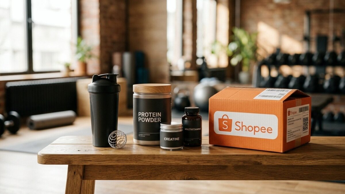 Caixa de encomendas da Shopee ao lado de suplementos esportivos em bancada de academia