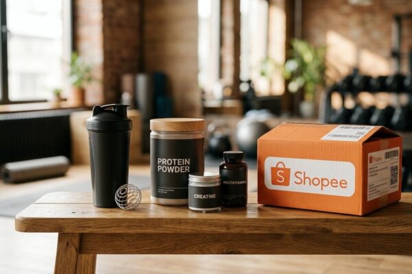 Caixa de encomendas da Shopee ao lado de suplementos esportivos em bancada de academia