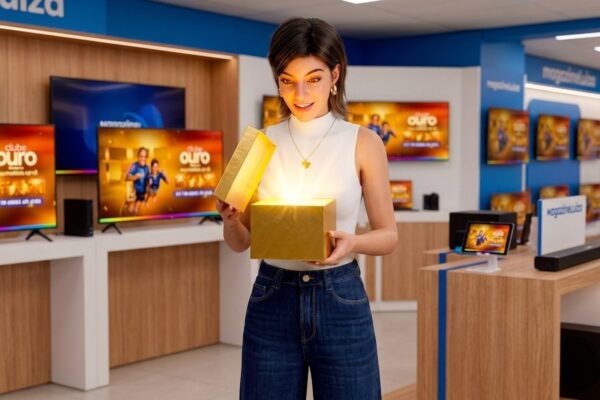 Lu do Magalu apresentando caixa dourada com ofertas e cupons de desconto no Magazine Luiza