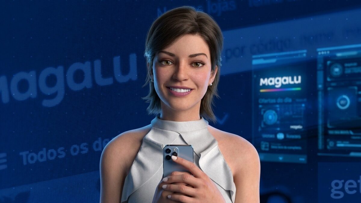 Lu do Magazine Luiza segurando smartphone com aplicativo de compras aberto