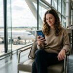 Passageira sorridente visualizando bilhete aéreo no aplicativo de smartphone em aeroporto moderno com avião na pista