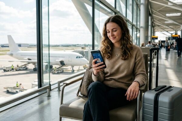 Passageira sorridente visualizando bilhete aéreo no aplicativo de smartphone em aeroporto moderno com avião na pista