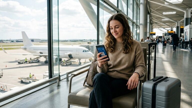 Passageira sorridente visualizando bilhete aéreo no aplicativo de smartphone em aeroporto moderno com avião na pista
