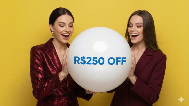 Compradora com sacola e roupas de entrega do Mercado Livre ilustrando cupom de 20% OFF em moda
