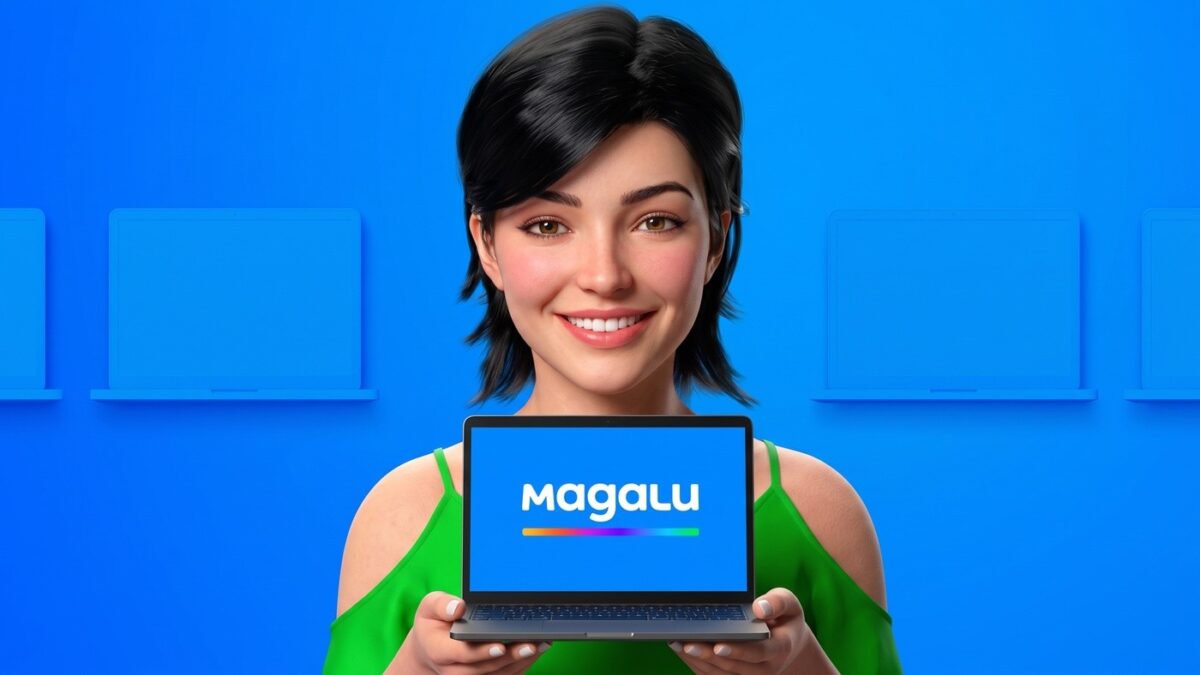 Apresentadora virtual Lu do Magalu segurando notebook novo com cupons de desconto para modelos Intel