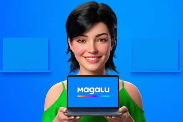 Apresentadora virtual Lu do Magalu segurando notebook novo com cupons de desconto para modelos Intel