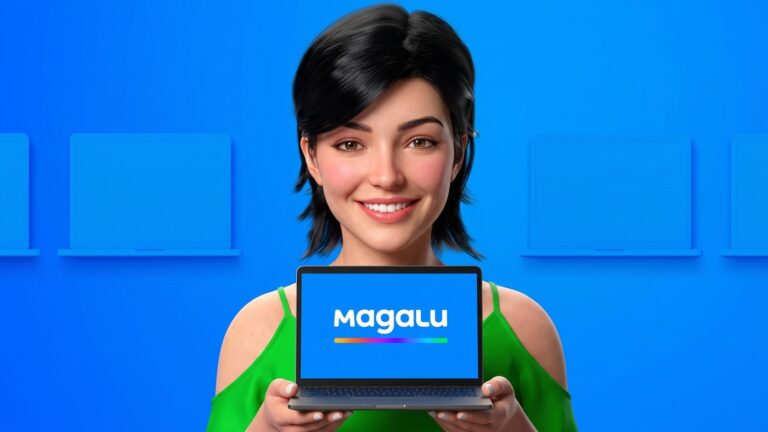 Apresentadora virtual Lu do Magalu segurando notebook novo com cupons de desconto para modelos Intel