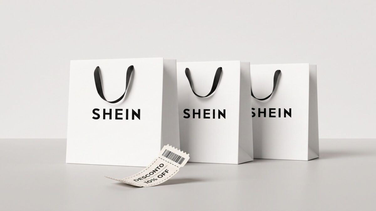 Consumidora feliz aproveitando super descontos e cupons da SHEIN em compras pelo celular
