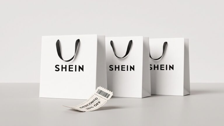 Consumidora feliz aproveitando super descontos e cupons da SHEIN em compras pelo celular