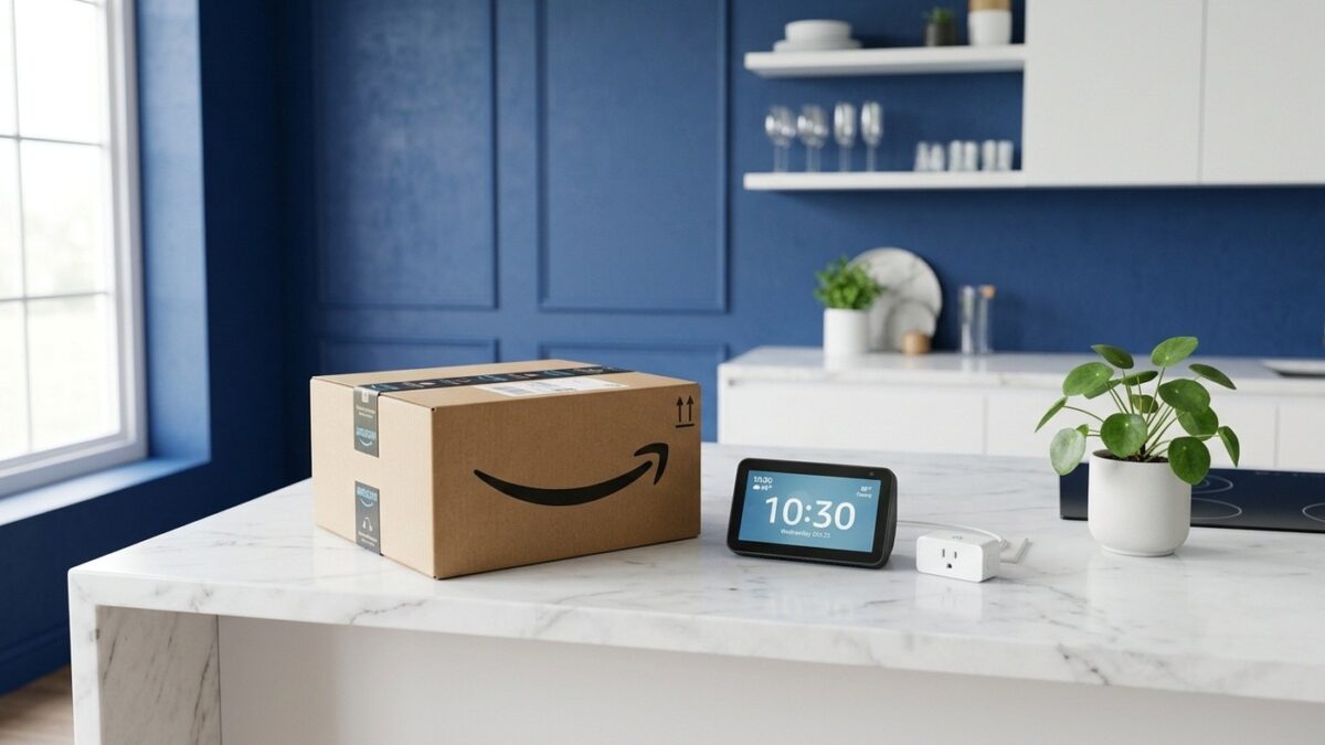 Ambiente de cozinha moderna ilustrando cupons de desconto de até 20% em alimentos na Amazon