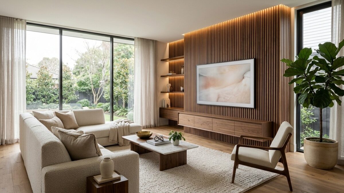 Sala de estar moderna e elegante decorada com móveis da MadeiraMadeira ilustrando cupom de 11% de desconto