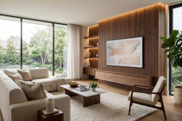 Sala de estar moderna e elegante decorada com móveis da MadeiraMadeira ilustrando cupom de 11% de desconto