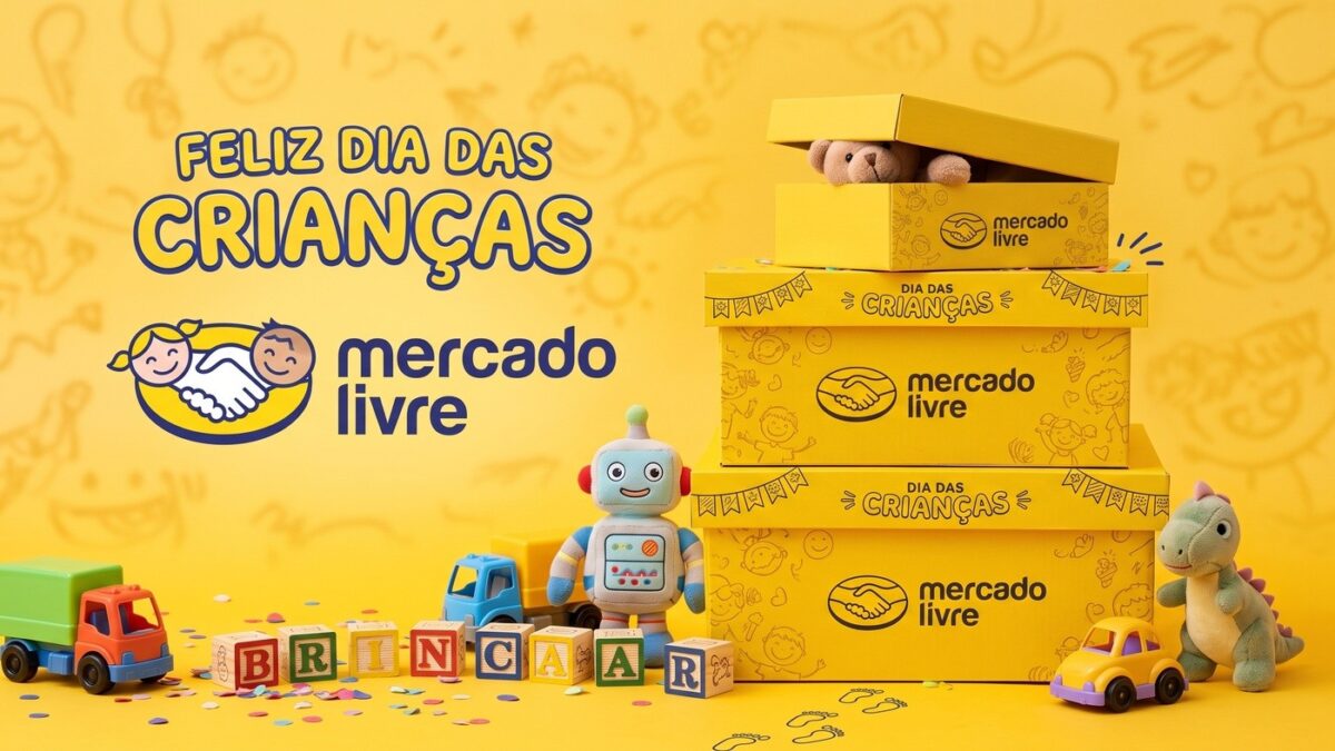 Família feliz com brinquedos e itens infantis ilustrando cupons de até 20% OFF no Mercado Livre