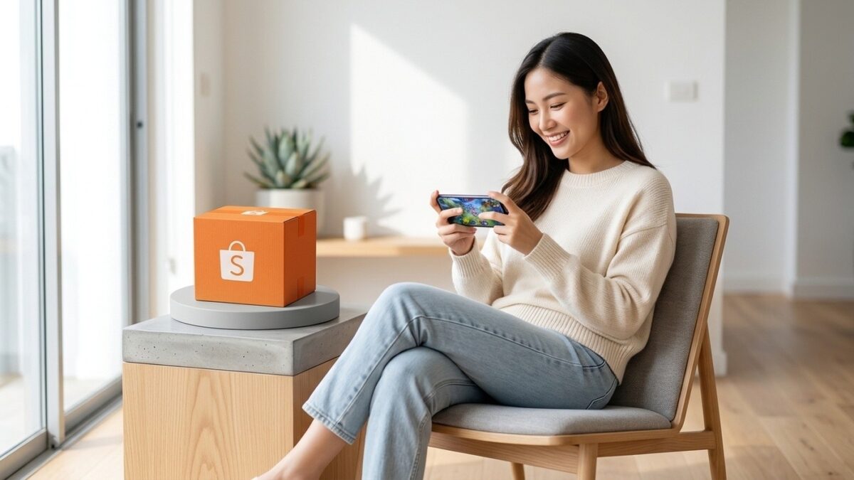 Consumidora jovem sorridente segurando smartphone e caixa de entrega da Shopee em ambiente moderno