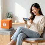 Consumidora jovem sorridente segurando smartphone e caixa de entrega da Shopee em ambiente moderno