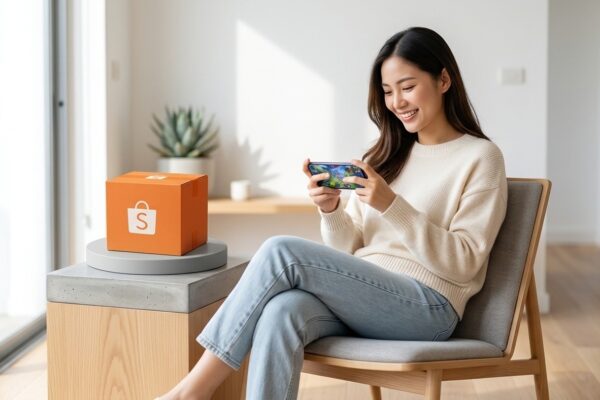 Consumidora jovem sorridente segurando smartphone e caixa de entrega da Shopee em ambiente moderno