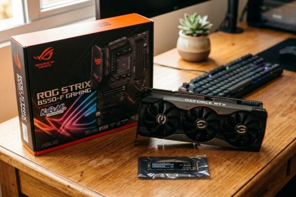 Placa de vídeo potente ao lado de caixa de placa-mãe ROG e SSD sobre mesa de madeira