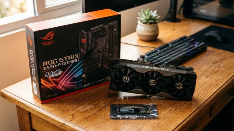 Placa de vídeo potente ao lado de caixa de placa-mãe ROG e SSD sobre mesa de madeira