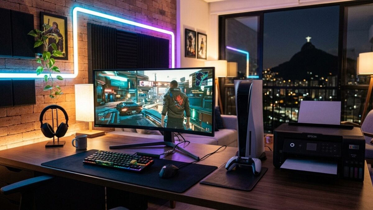 Setup gamer com PlayStation 5, controle DualSense e multifuncional Epson EcoTank