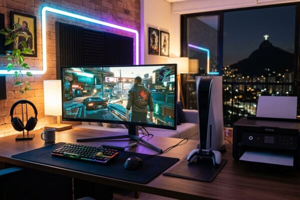 Setup gamer com PlayStation 5, controle DualSense e multifuncional Epson EcoTank