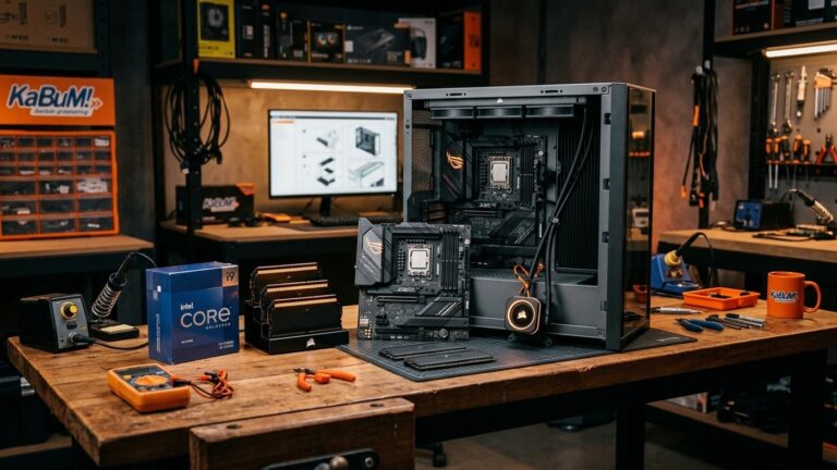 Bancada de montagem de PC Gamer com gabinete aberto, processador na caixa, módulos de memória RAM e water cooler