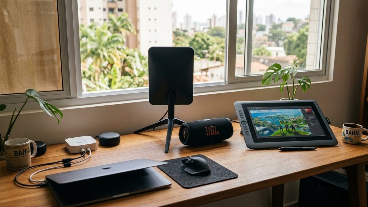 Mesa de trabalho moderna com antena Starlink Mini, caixa de som JBL, mesa digitalizadora e dispositivos inteligentes