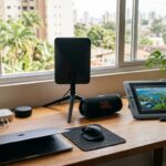 Mesa de trabalho moderna com antena Starlink Mini, caixa de som JBL, mesa digitalizadora e dispositivos inteligentes