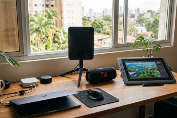 Mesa de trabalho moderna com antena Starlink Mini, caixa de som JBL, mesa digitalizadora e dispositivos inteligentes