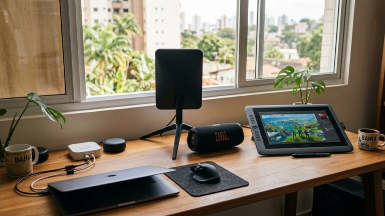 Mesa de trabalho moderna com antena Starlink Mini, caixa de som JBL, mesa digitalizadora e dispositivos inteligentes