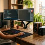 Mulher trabalhando em setup com dois monitores, nobreak e caixas de som sobre mesa de madeira