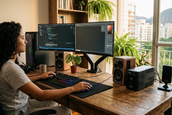 Mulher trabalhando em setup com dois monitores, nobreak e caixas de som sobre mesa de madeira