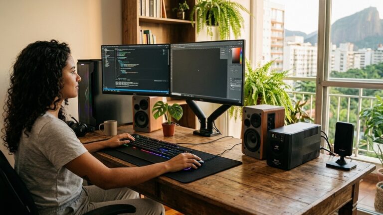 Mulher trabalhando em setup com dois monitores, nobreak e caixas de som sobre mesa de madeira