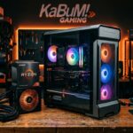 Gabinete gamer com ventoinhas RGB iluminadas ao lado de caixa de processador e fonte de energia sobre bancada