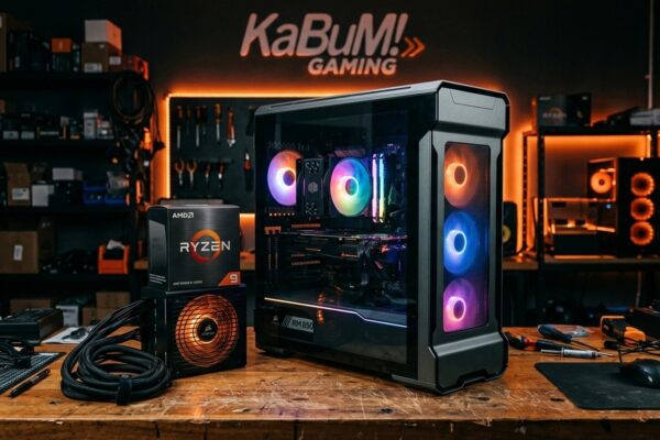 Gabinete gamer com ventoinhas RGB iluminadas ao lado de caixa de processador e fonte de energia sobre bancada
