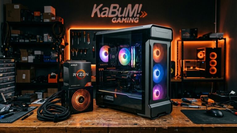 Gabinete gamer com ventoinhas RGB iluminadas ao lado de caixa de processador e fonte de energia sobre bancada