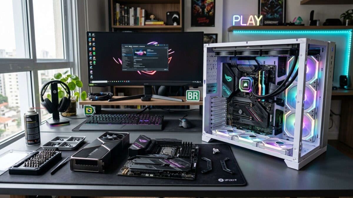 Bancada de montagem de PC Gamer com placa de vídeo, placa-mãe e gabinete aberto com iluminação RGB