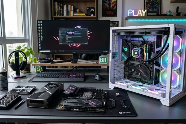 Bancada de montagem de PC Gamer com placa de vídeo, placa-mãe e gabinete aberto com iluminação RGB