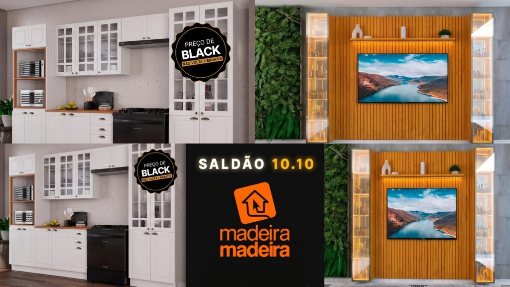 Banner do Saldão 10.10 MadeiraMadeira com cozinhas moduladas e painéis de TV em oferta
