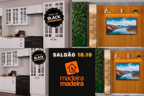 Banner do Saldão 10.10 MadeiraMadeira com cozinhas moduladas e painéis de TV em oferta