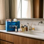 Bancada de banheiro moderna com cosméticos e sacola azul do Magazine Luiza com luz natural