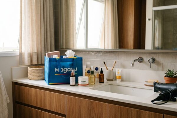 Bancada de banheiro moderna com cosméticos e sacola azul do Magazine Luiza com luz natural