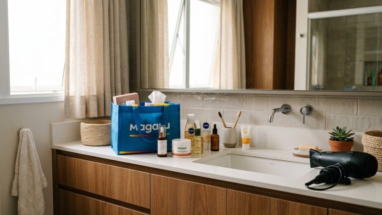 Bancada de banheiro moderna com cosméticos e sacola azul do Magazine Luiza com luz natural