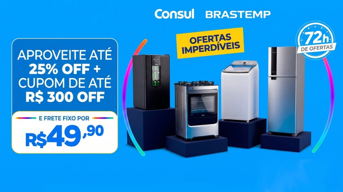 Cozinha moderna com geladeira de inox, máquina de lavar e fogão Brastemp e Consul com selo de entrega Magalu