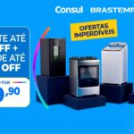Cozinha moderna com geladeira de inox, máquina de lavar e fogão Brastemp e Consul com selo de entrega Magalu