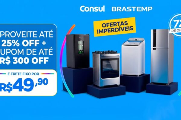 Cozinha moderna com geladeira de inox, máquina de lavar e fogão Brastemp e Consul com selo de entrega Magalu