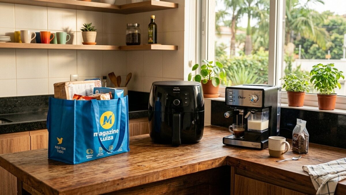 Bancada de cozinha moderna em madeira com air fryer, cafeteira expresso e sacola do Magazine Luiza