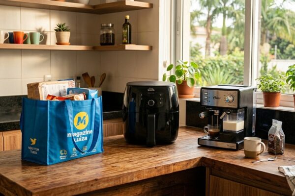 Bancada de cozinha moderna em madeira com air fryer, cafeteira expresso e sacola do Magazine Luiza