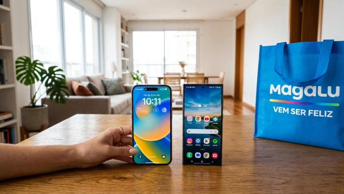 Smartphones topo de linha sobre mesa de madeira ao lado de sacola azul do Magazine Luiza em sala moderna