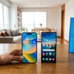 Smartphones topo de linha sobre mesa de madeira ao lado de sacola azul do Magazine Luiza em sala moderna