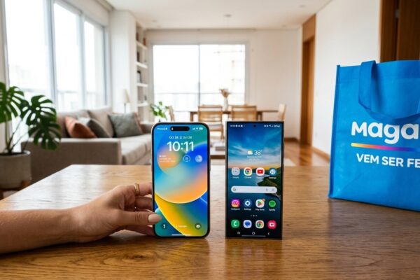 Smartphones topo de linha sobre mesa de madeira ao lado de sacola azul do Magazine Luiza em sala moderna
